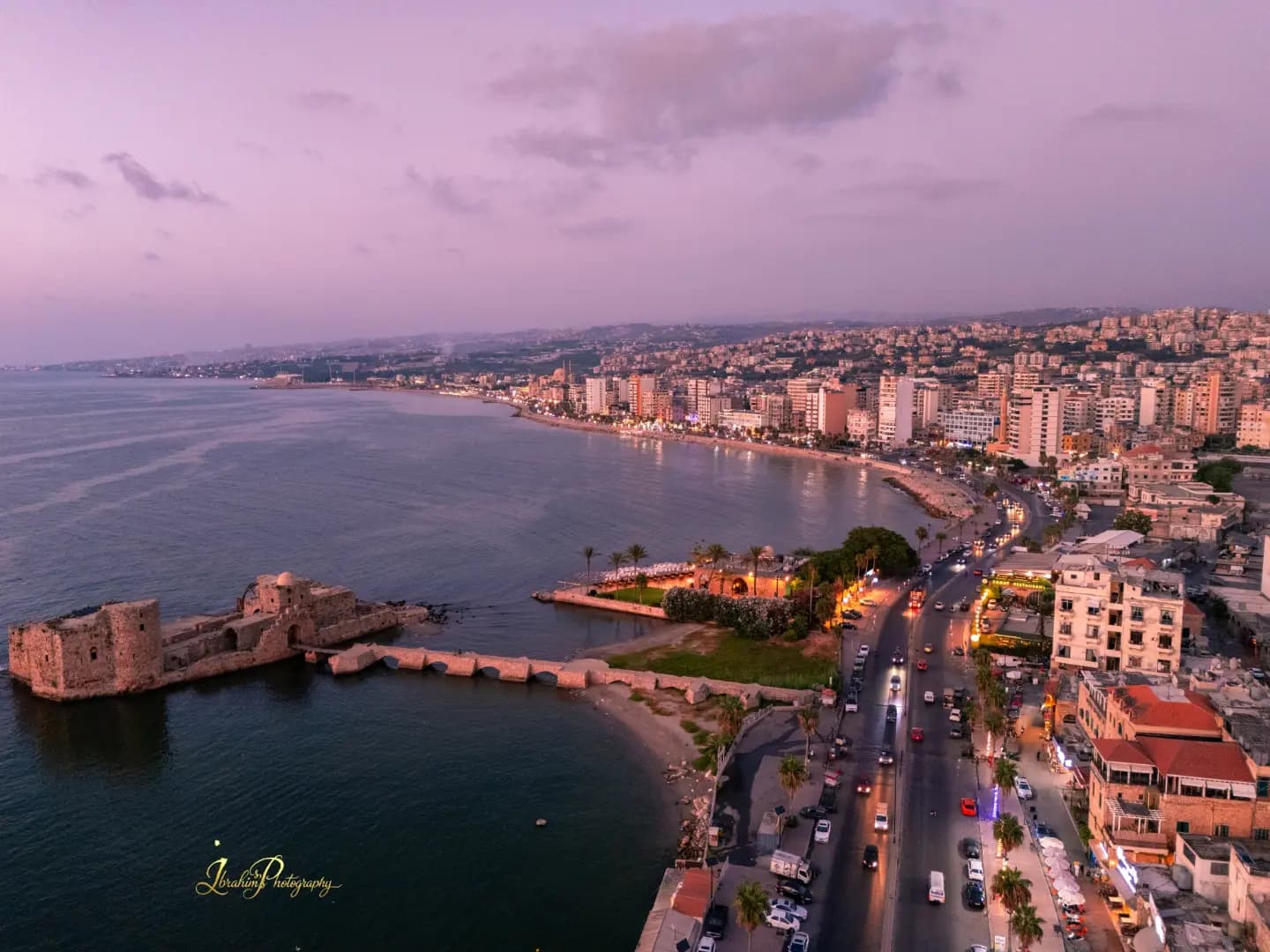 An aerial daytime view of Sidon and its surrounding urban area